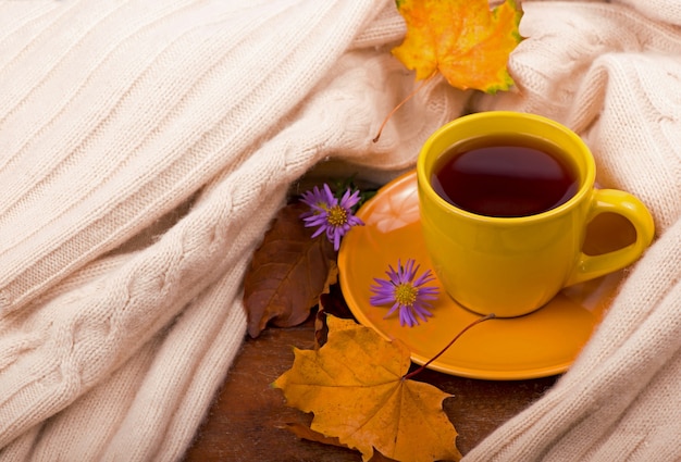 Cup of hot tea and autumn leaves, on brown background