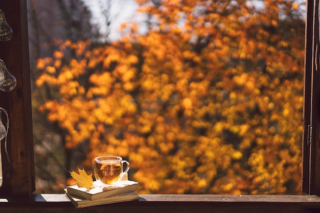 A cup of hot tea and open book on a vintage windowsill still life details in home on a window