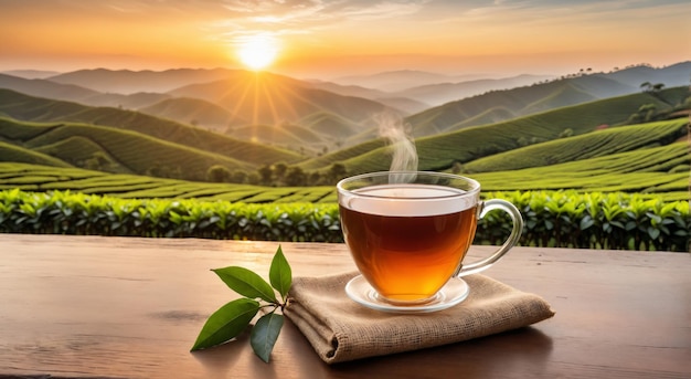 cup of hot tea overlooking tea plantation