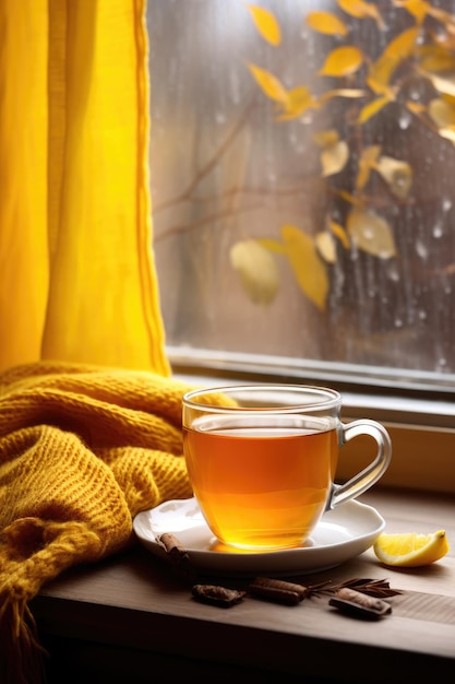 Cup of hot tea on window yellow plaid and curtain rain outside AI Generated