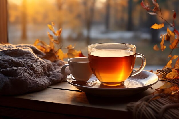 Cup of hot tea on wooden table near window closeup