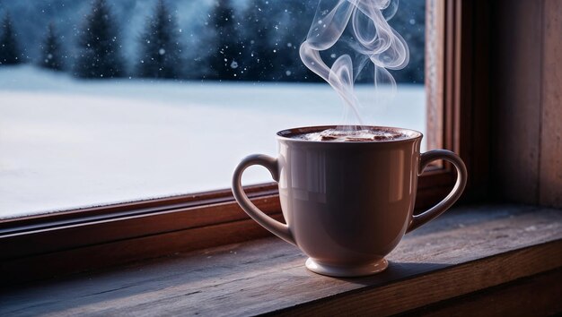 Photo a cup of hot water is on a window sill