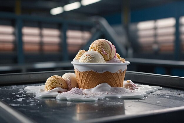 A cup of ice cream on a conveyor belt in a factory