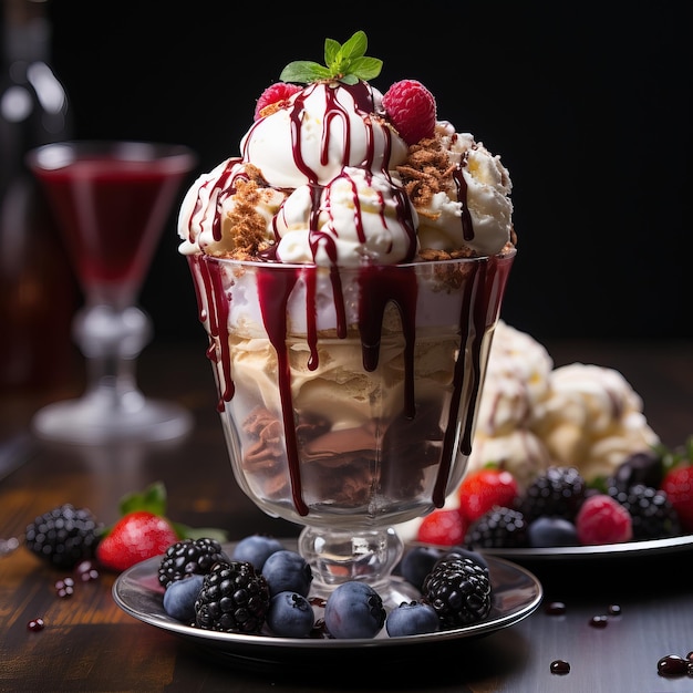 a cup of ice cream with berries and berries on a table