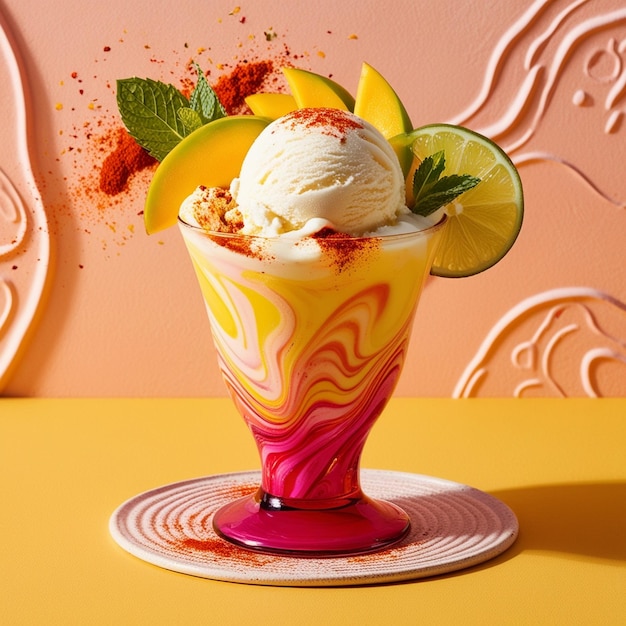 Photo a cup of ice cream with ice cream and orange slices on it