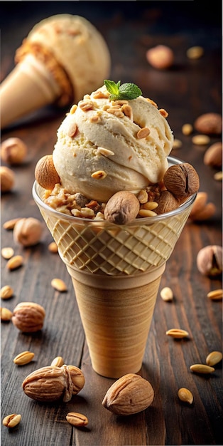 Photo a cup of ice cream with nuts on top of it