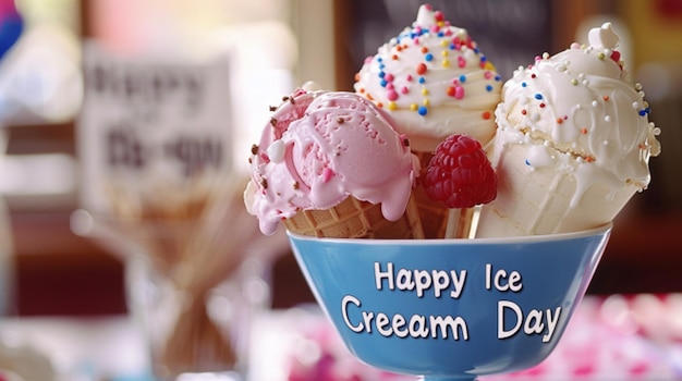 Photo a cup of ice cream with a sign saying happy ice cream