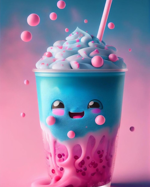 A cup of ice cream with a straw and a blue ice cream with a pink background.