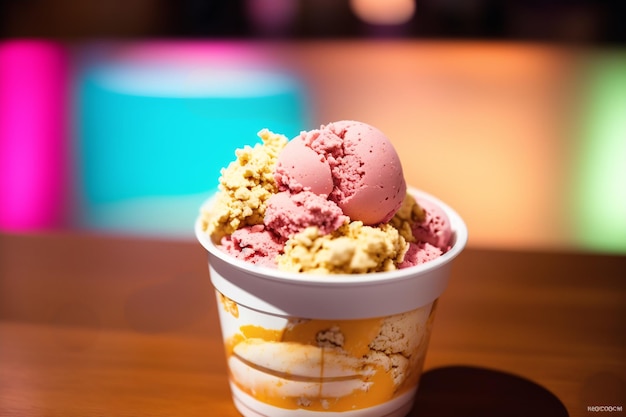 A cup of ice cream with a strawberry topping sits on a table.