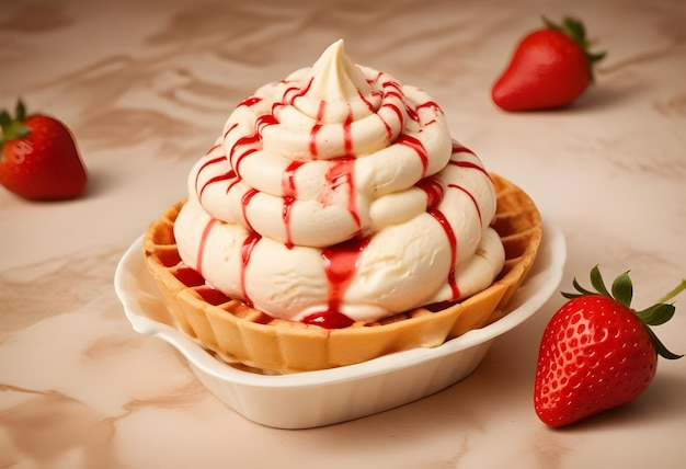 Photo a cup of ice cream with a strawberry and waffle