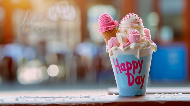 a cup of ice cream with the words happy day on it