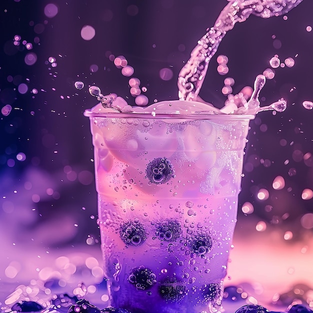 a cup of ice water with a purple background with a blueberry in it