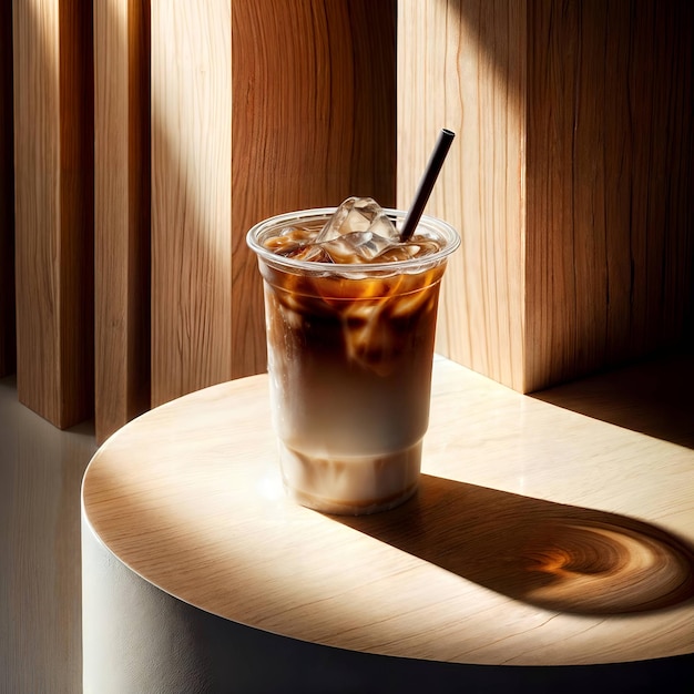 a cup of iced coffee sits on a round wooden table