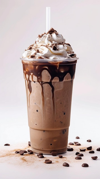 a cup of iced coffee with chocolate on it