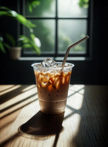 a cup of iced coffee with ice cube and a straw in dramatic lighting of photography