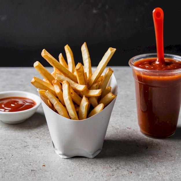 a cup of ketchup next to a cup of ketchup and a cup of ketchup