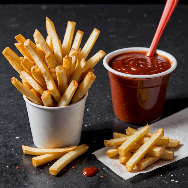 a cup of ketchup next to a cup of ketchup and french fries