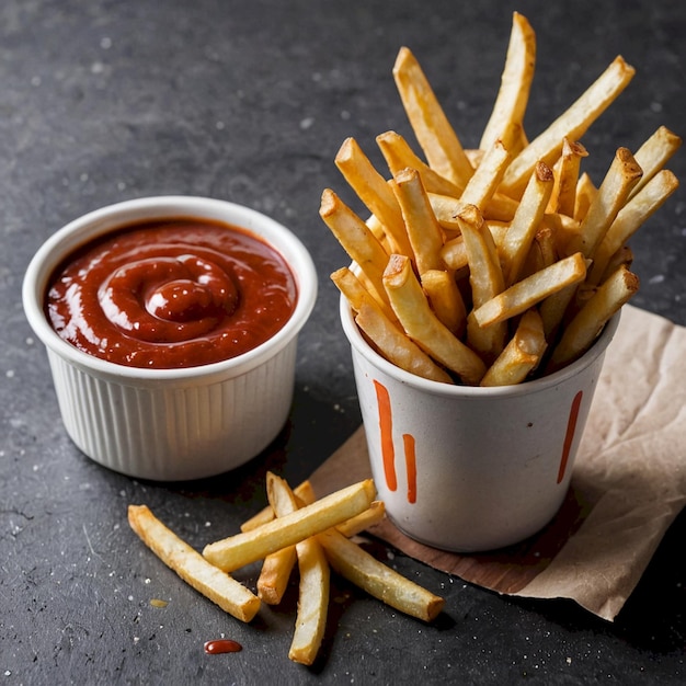 a cup of ketchup and french fries with a cup of ketchup