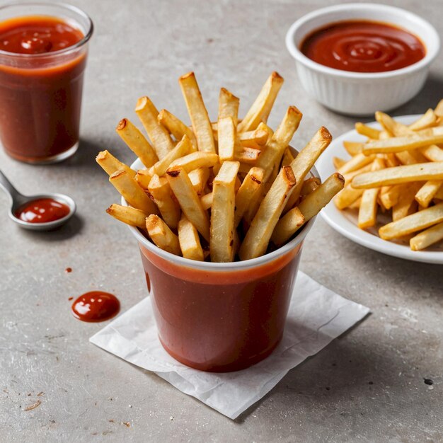 a cup of ketchup and ketchup next to some ketchup