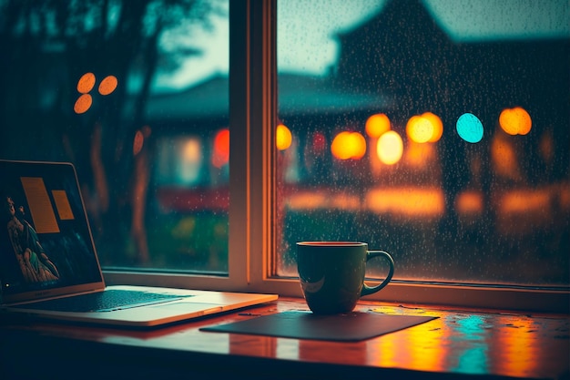 A cup and a laptop sit by the window on a rainy evening the perfect companions for a cozy night Generative AI