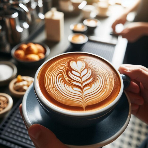 a cup of latte art is being held up by a person