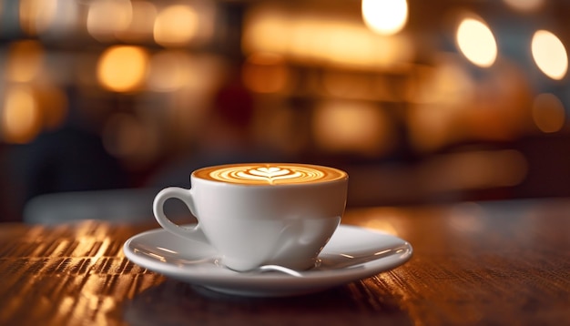 A cup of latte art sits on a table in front of a fireplace.