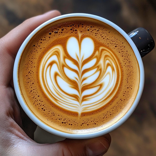 a cup of latte art with a leaf on it