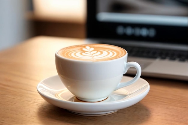 Photo a cup of latte coffee in front of a laptop