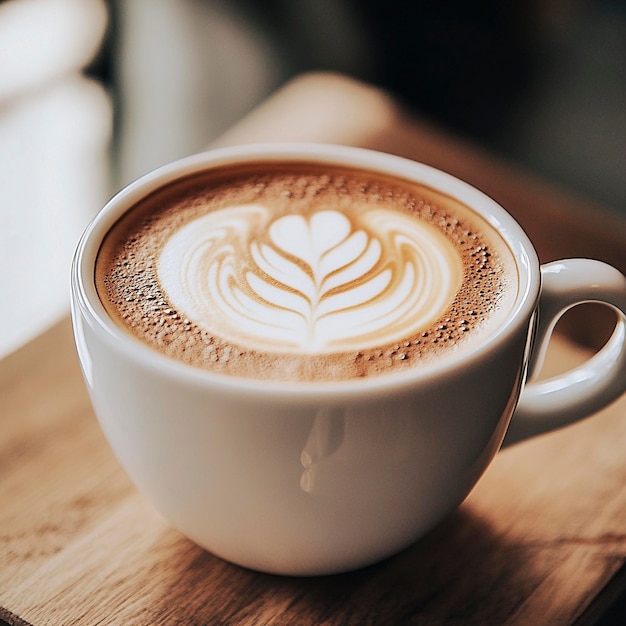 a cup of latte with a leaf on the top