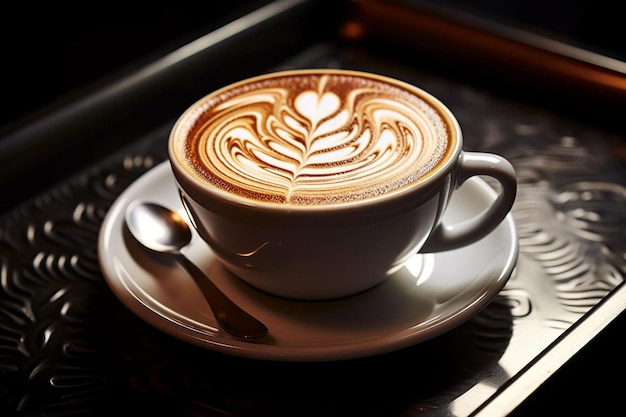 A cup of latte with a spoon on a saucer