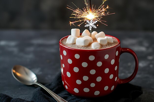 a cup of marshmallows with marshmallows and fireworks on a table