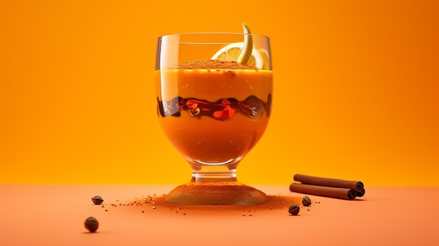 Cup of masala coffee in glass on white and orange background Generative Ai