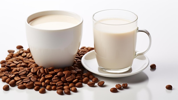 Photo a cup of milk and coffee on a table with coffee beans