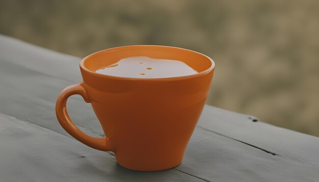 a cup of milk is on a table outside