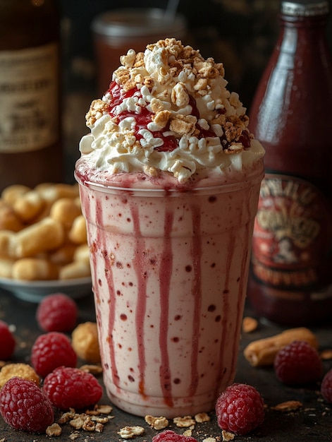 Photo a cup of milk with a bunch of raspberries on it