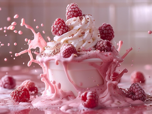 a cup of milkshake with raspberries and whipped cream