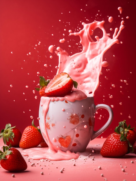 Cup of milkshake with splash effect on red background with strawberries