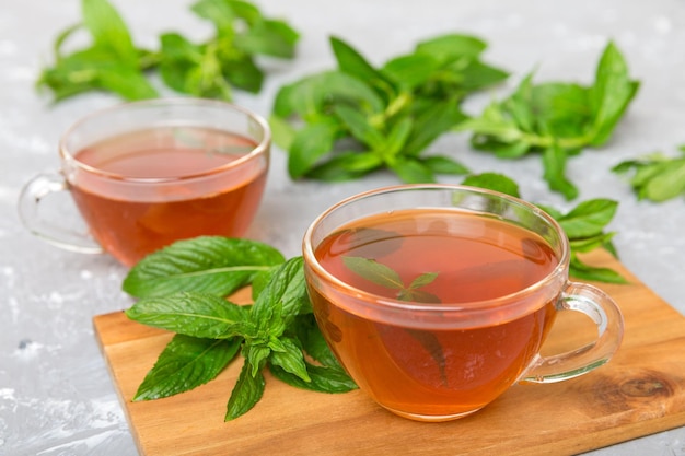 Cup of mint tea on table background Green tea with fresh mint top view with copy space