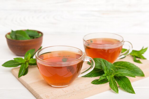 Cup of mint tea on table background Green tea with fresh mint top view with copy space