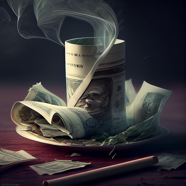 A cup of money is on a plate with a cigarette in it.