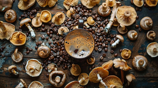 Photo a cup of mushroom coffee sits on the table surrounded by mushrooms and coffee beans