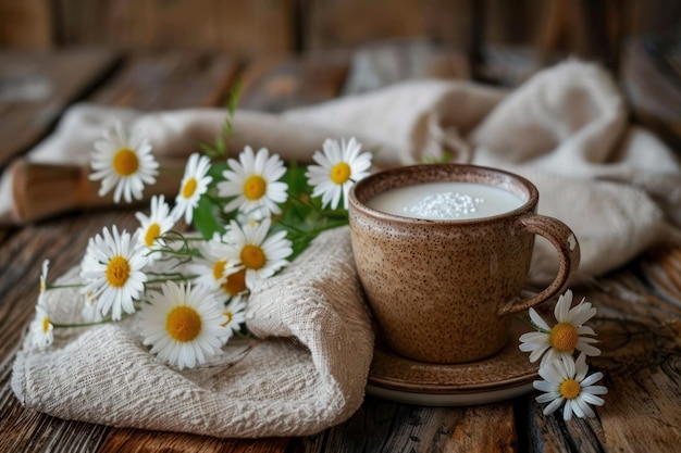 Cup of natural coffee with milk and chamomile in a vase on a wooden table