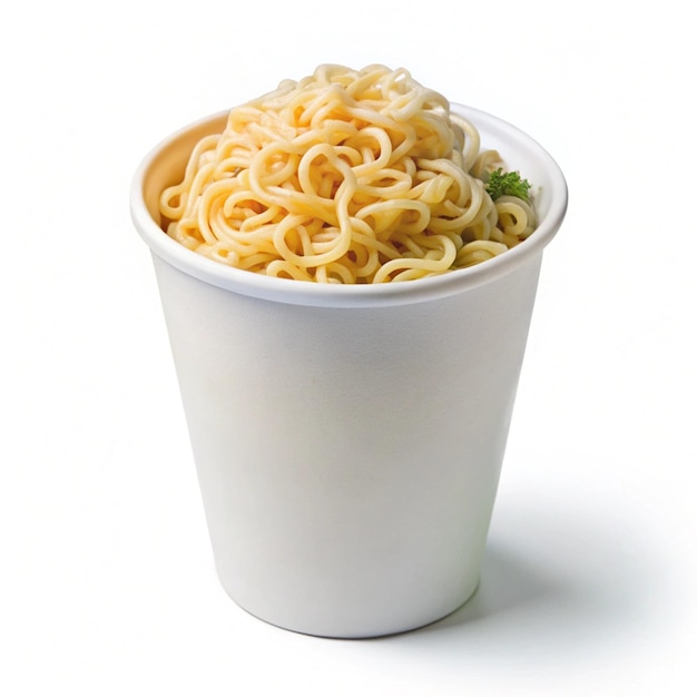 a cup of noodles with a green leaf on top