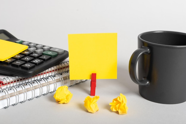 Cup Notebooks Sticky Note Calculator Paper Wraps And Pinned Memo With Important Messages On Desk Mug Crumpled Notes And Critical Announcements Attached On Pin