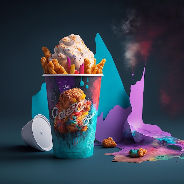 A cup of octopus fries with ice cream and a purple paper that says the octopus.