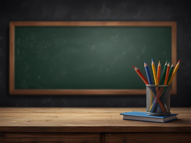 a cup of pencils sits on a table with a green chalkboard behind it