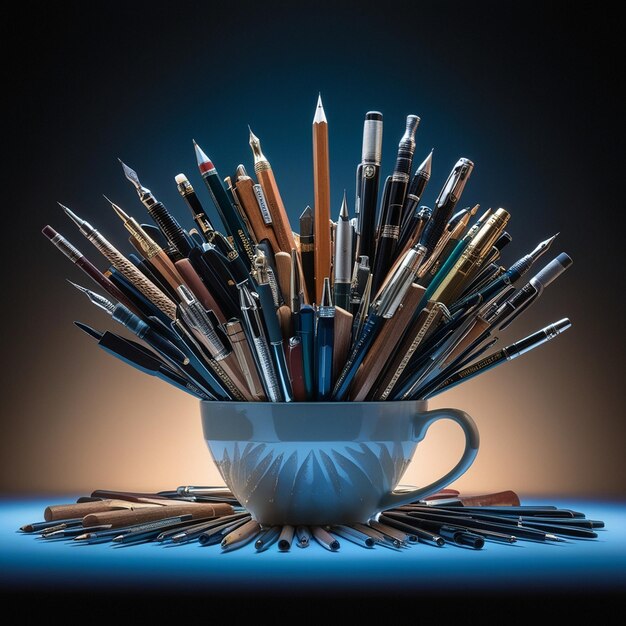 Photo a cup of pens sits in front of a cup of pens