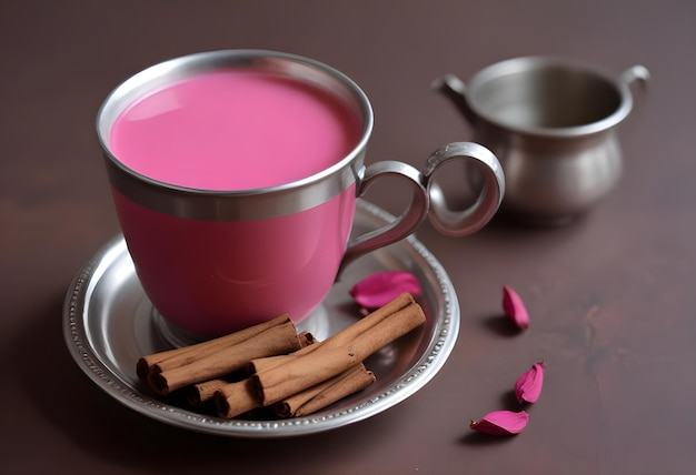 a cup of pink Tea with a flower on it