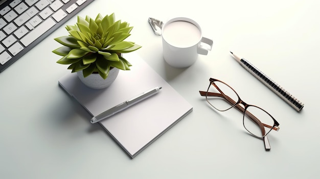 A cup and a plant on a desk