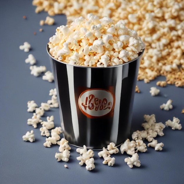 a cup of popcorn that says  popcorn  sits on a blue table